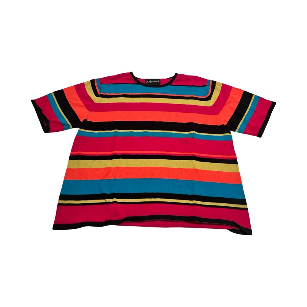 Sag Harbor Womens XL Striped‎ Short Sleeve Cotton Knit Sweater Top Retro